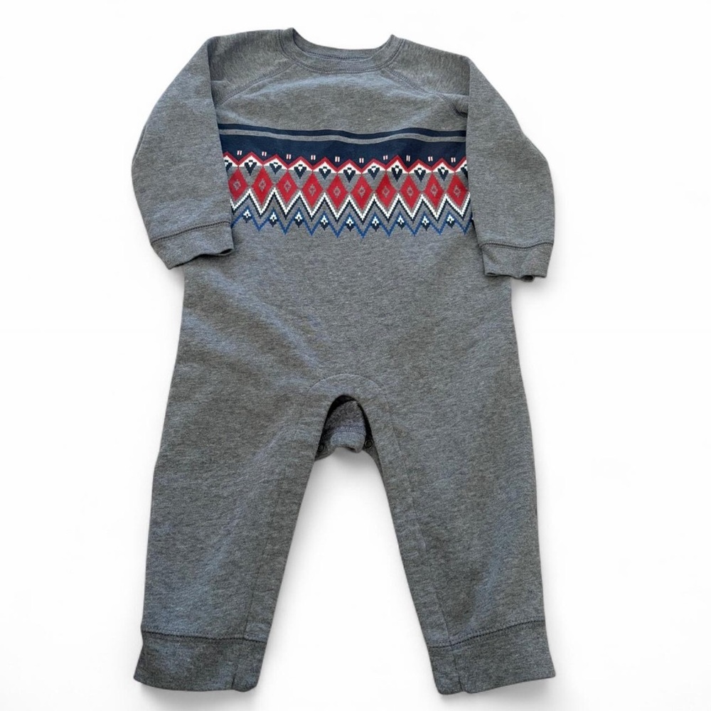 Gray Baby Romper with Red and Blue Pattern